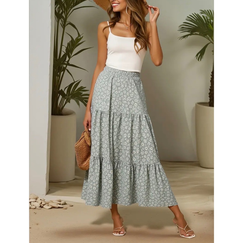 Sage Mint Green Daisy Floral Tiered Maxi Skirt M Dainty Fem Cottagecore Festival
